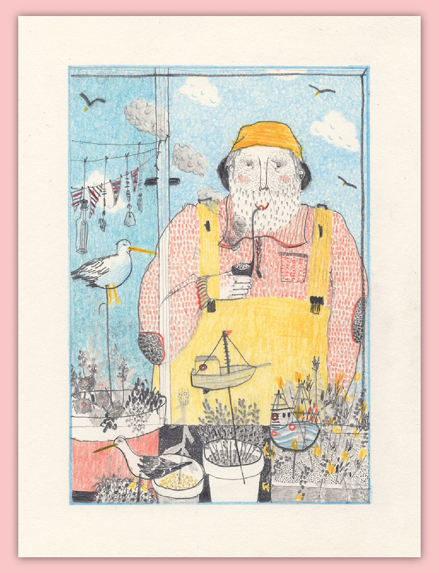 Titel: Seemann am Fenster; Freie Illustrationen,
 Zeichnung mit Bleistift und Buntstift auf Papier,
 Grafik aus Sachsen-Anhalt