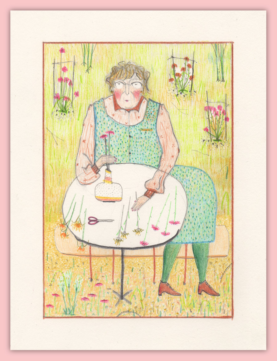 Titel: Gärtnerin; Freie Illustrationen,
 Zeichnung mit Bleistift und Buntstift auf Papier,
 Grafik aus Sachsen-Anhalt