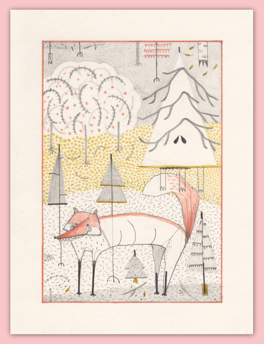 Titel: Fuchs im Wald; Freie Illustrationen,
 Zeichnung mit Bleistift und Buntstift auf Papier,
 Grafik aus Sachsen-Anhalt