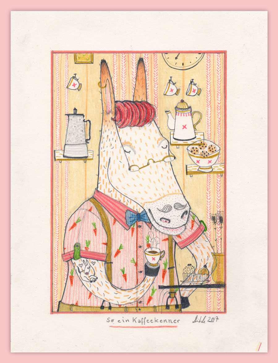 Titel: So ein Kaffekenner | Illustration mit Bleistift und Buntstift,
 Halle (Saale)