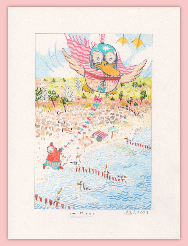 Illustration "Bär und Ente am Meer", Bleistift und Buntstift auf Papier, 2021